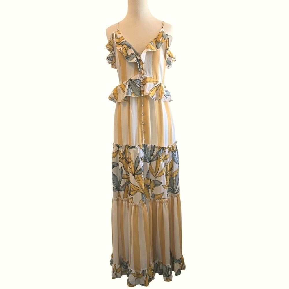 Blush Boutique Maxi Dress  Boho Ruffle Beachy Vacation Tropical V-Neck M